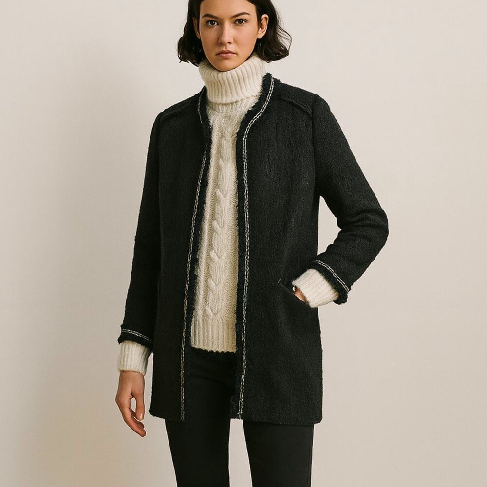 Zara S Tweed Boucle Evening Coat $149 Lady Textured Jacket Long Black Gold NEW!